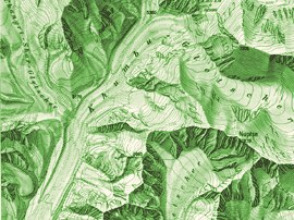 Mapa topográfico com relevo sombreado, em tons de verde