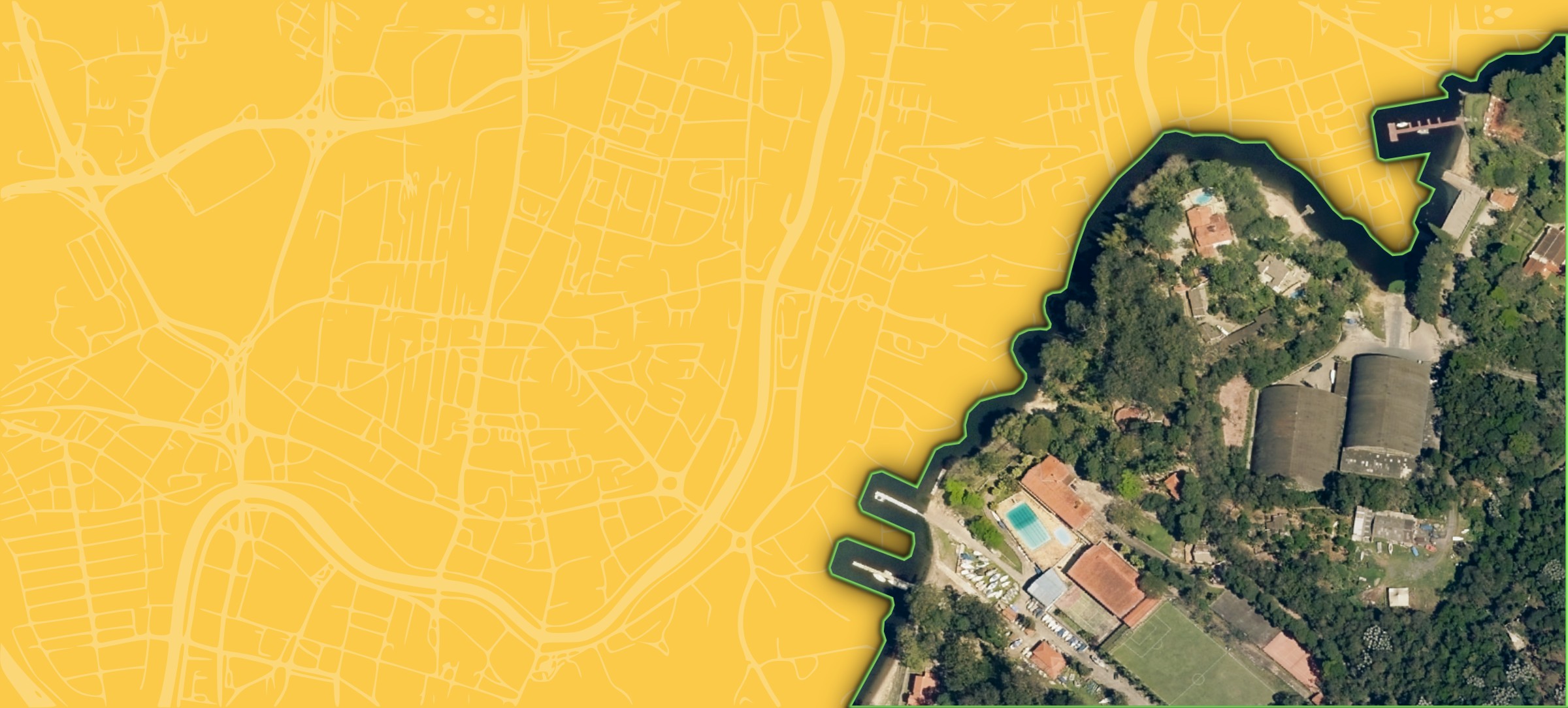 Mapa vetorial de ruas sobreposto a uma ortofoto de área com vegetação e margem de represa