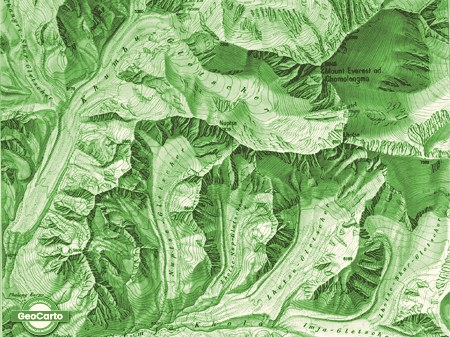 Mapa topográfico em relevo sombreado, em tons de verde
