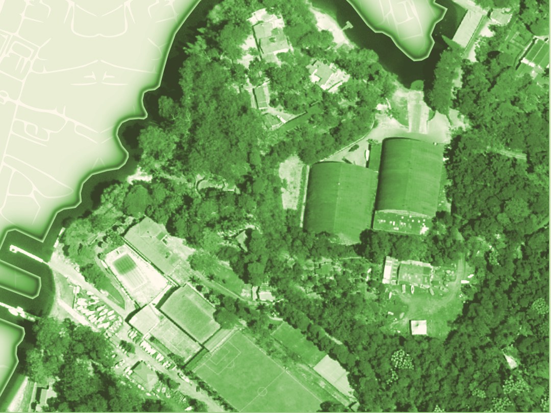 Ortofoto de área urbana com vegetação, em tons de verde